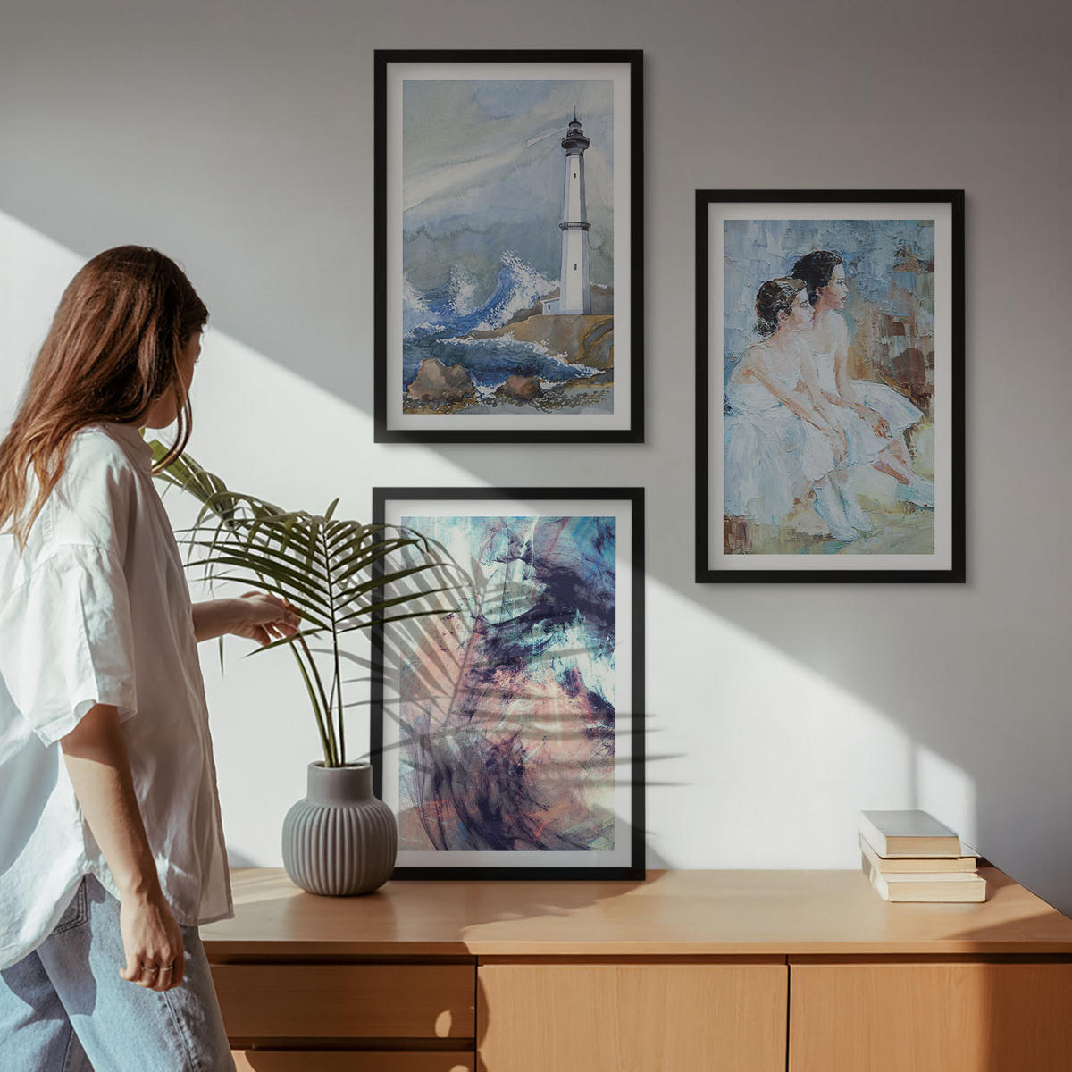 WANDBILDER 3er-Set - 40x60 cm Schwarzer Rahmen - Leuchtturm-Abstrakte Tänzerin - Schwarz, Kunststoff (40/60cm) - ArtPrintCave