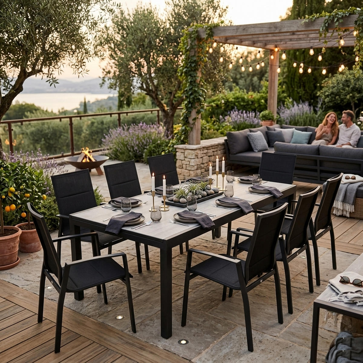 GARTEN-GARNITUR Ashford - 7-teilige Garten-Essgruppe (6x Stapelsessel mit Armlehnen, 1x Ausziehtisch 180/240x100cm), Gestell Aluminium - Schwarz, Metall - TPFGarden