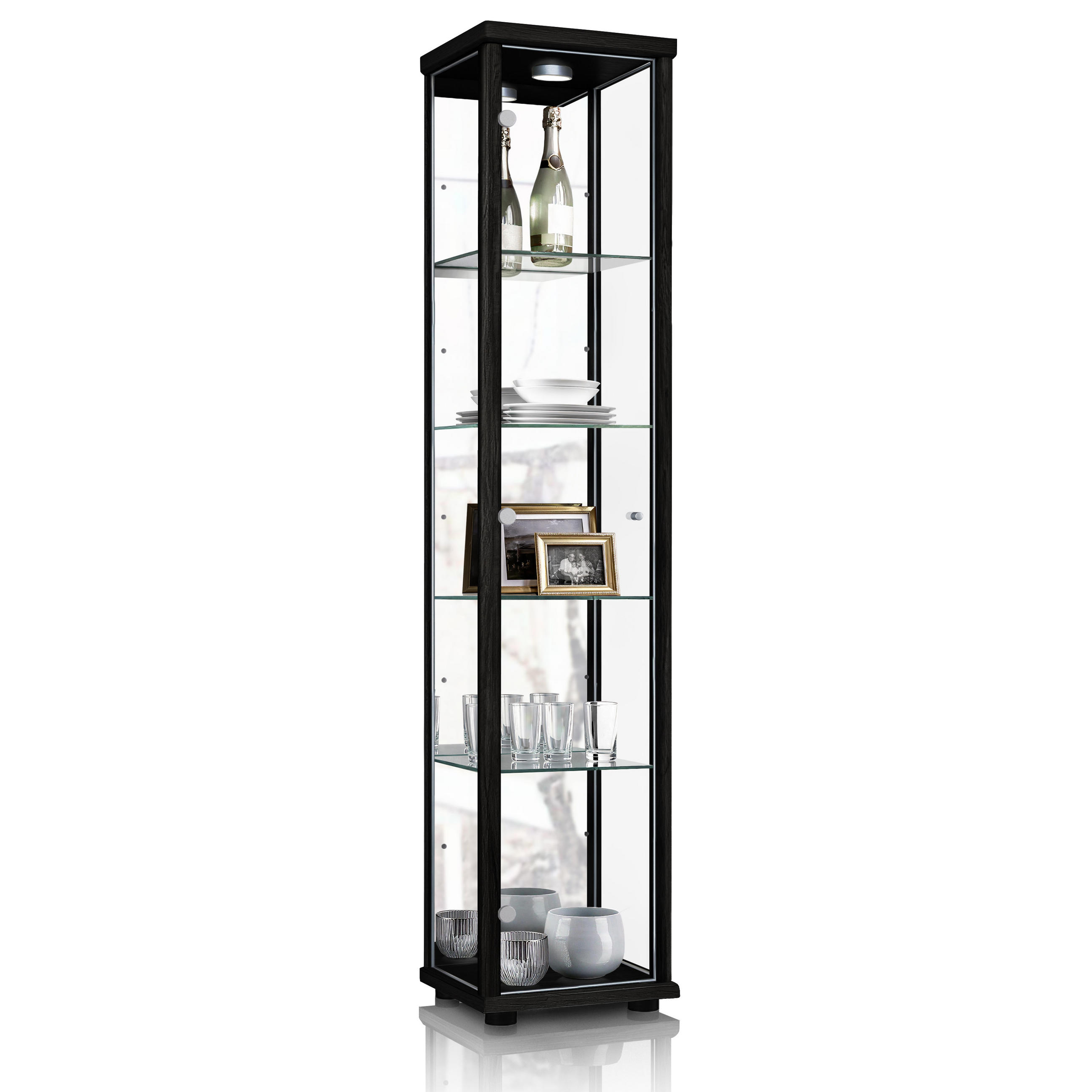 GLASVITRINE 33/37/176 cm mit Spiegel, LED & 4 höhenverstellbaren Glasböden - Transparent/Silberfarben, Glas/Holzwerkstoff (37/176/33cm) - K-Möbel