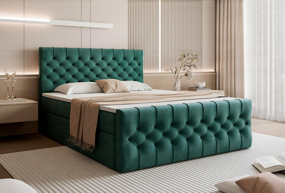 BOXSPRINGBETT Aurora mit Bettkasten, Dunkel Türkis Samt 200x200 cm – inkl. H3 Matratze und Topper - Türkis/Petrol, Holzwerkstoff/Kunststoff (200/200cm) - WFL GROUP