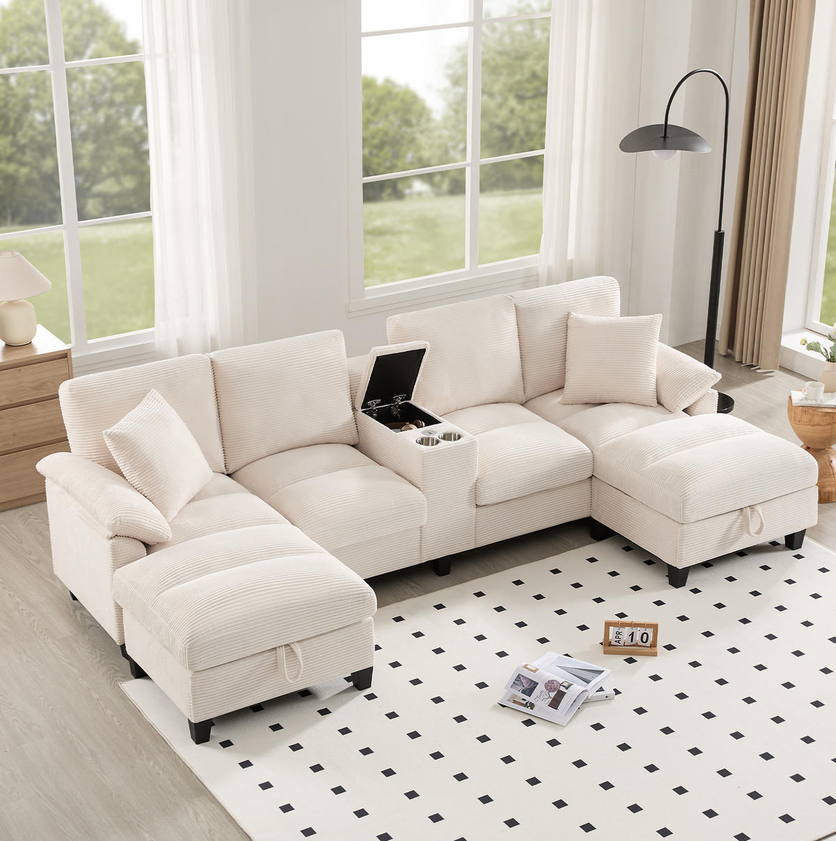 U-FORM Wohnlandschaft Cord mit Stauraum und USB-Anschluss 293/142/93 cm Beige - Beige, Kunststoff/Textil (93/293/142cm) - Redom