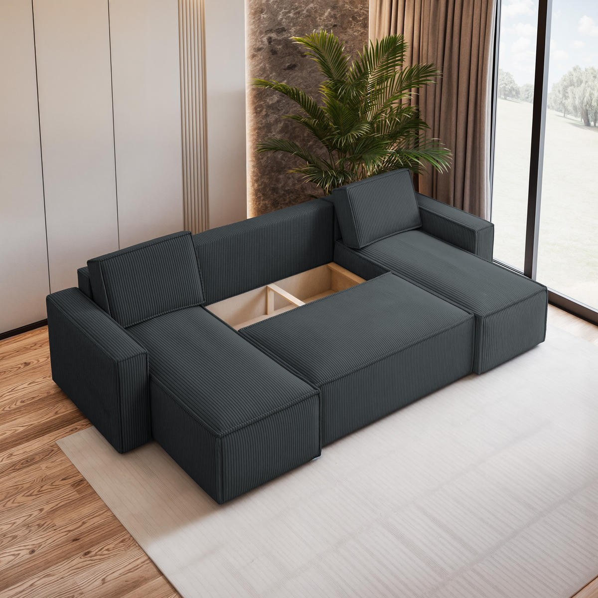 WOHNLANDSCHAFT PESANO P Graphitfarben Kordstoff mit Schlaffunktion - Graphitfarben, Holz (306/85/140cm) - MASSENO