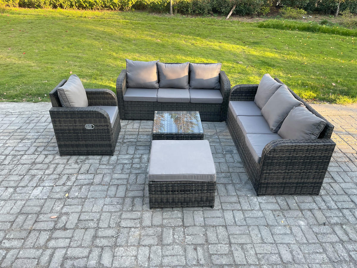 GARTENMÖBEL SET mit 3-SITZER SOFA Polyrattan Dunkelgrau 8-Sitzer - Dunkelgrau/Grau, Glas/Kunststoff - Fimous