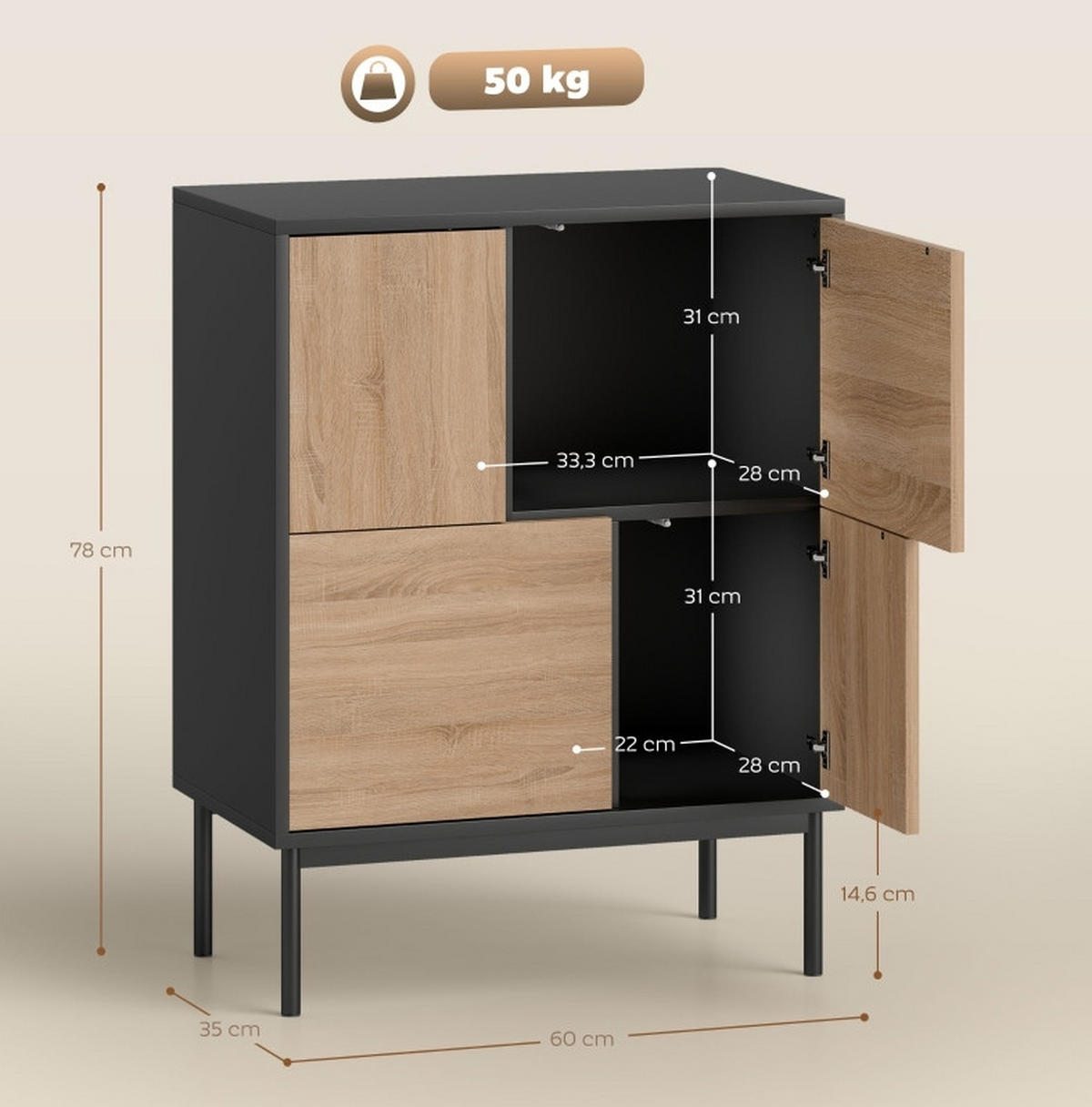 SIDEBOARD aus MDF und Metall 60x35x78 cmSchwarz mit Push-to-open-Funktion und 4 geschlossenen Fächern - Schwarz, Holzwerkstoff (60/78/35cm) - Modfu