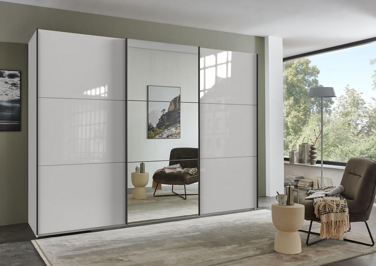 SCHWEBETÜRENSCHRANK 3-türig B300/H216/T65 cm in Weiß mit Glasfront und Spiegel inkl. Vollausstattung / 22039 - Schwarz/Weiß, Holzwerkstoff/Metall (300/216/65cm) - luma-home