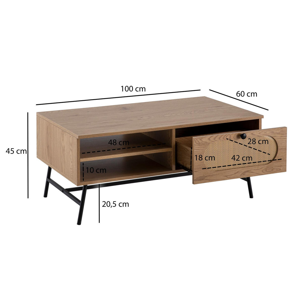 COUCHTISCH in Eiche-Dekor und Rattan, 100x60x45 cm, mit integriertem Stauraum - Schwarz/Braun, Holzwerkstoff/Metall (60/100/45cm) - KADIMA DESIGN