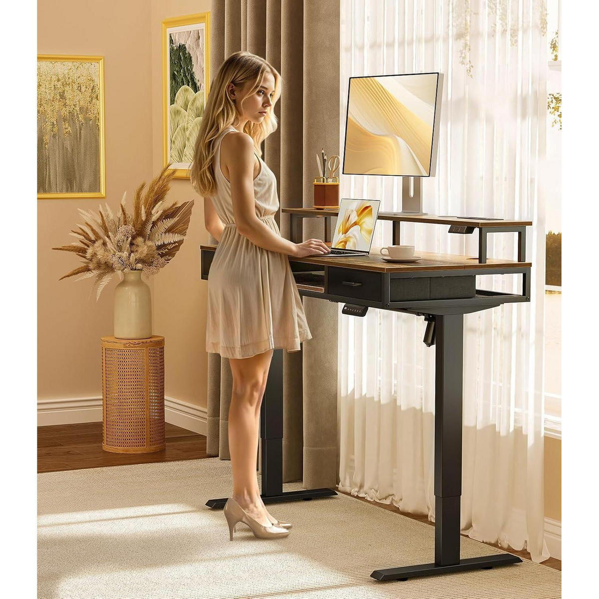 SCHREIBTISCH Höhenverstellbar Elektrisch 120 cm Braun mit Schubladen und LED-Lichtleiste - Braun, Holzwerkstoff (54/120/78.5cm)