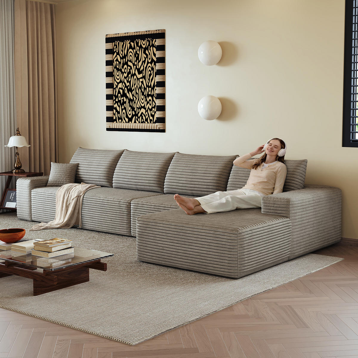 ECKSOFA 340/175/83 cm Kamel mit L-förmiger Chaiselongue, Rechte Seite - Braun/Cappuccino, Textil (340/175cm) - Oxeza