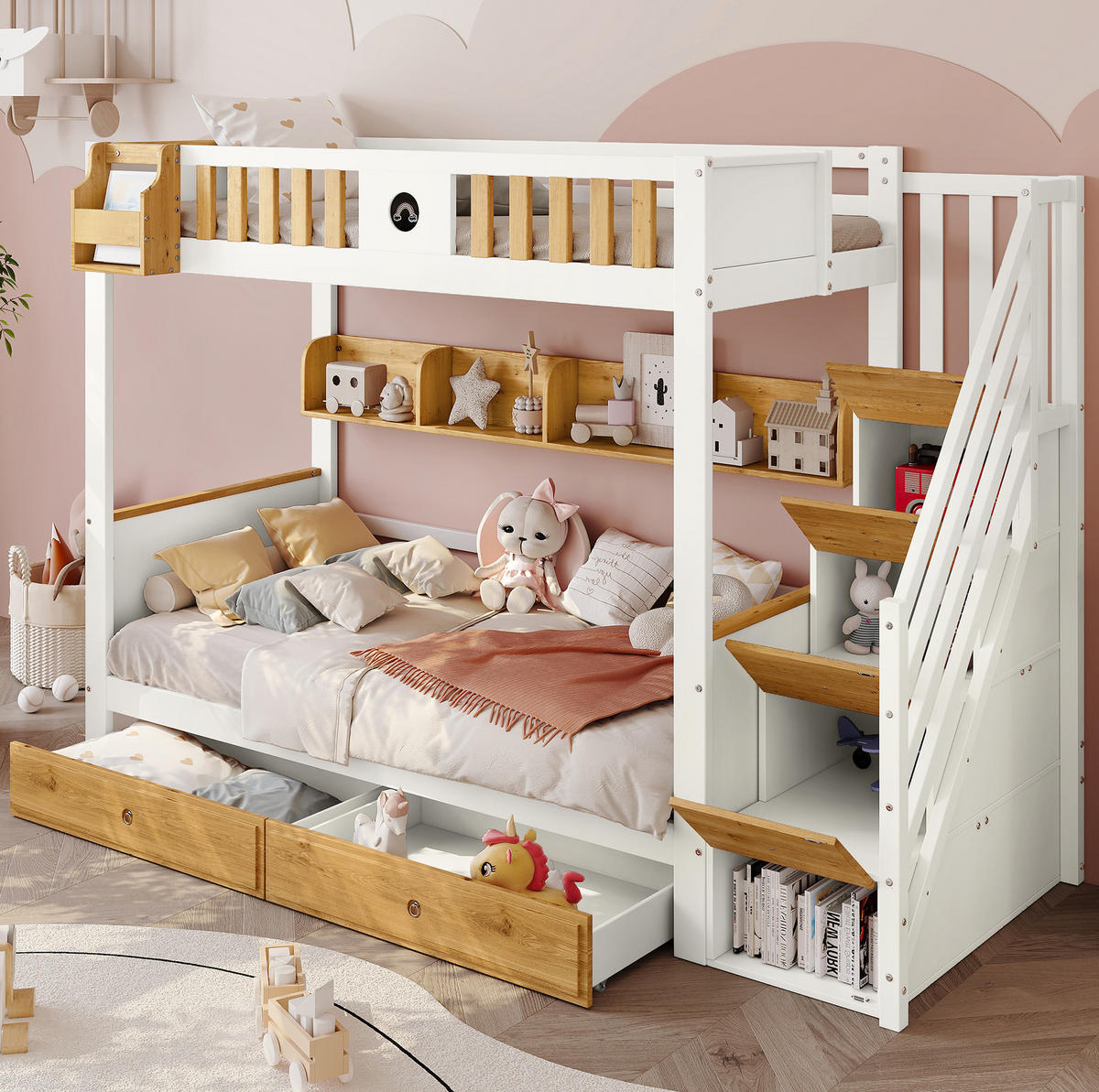 ETAGENBETT 90/200 cm mit Treppe und Stauraum in Weiß/Natur - Weiß, Holzwerkstoff - BEAOK