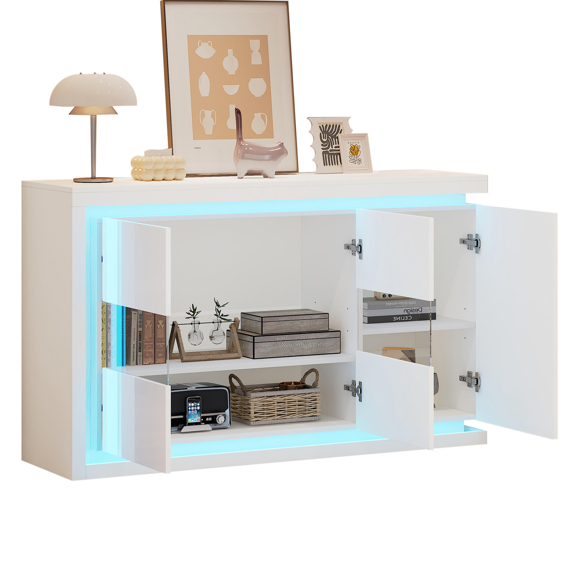 SIDEBOARD aus Spanplatte 140x40x84 cm Weiß mit LED-Beleuchtung, Glastüren und verstellbaren Einlegeböden - Weiß, Holzwerkstoff (140/84/40cm) - Modfu