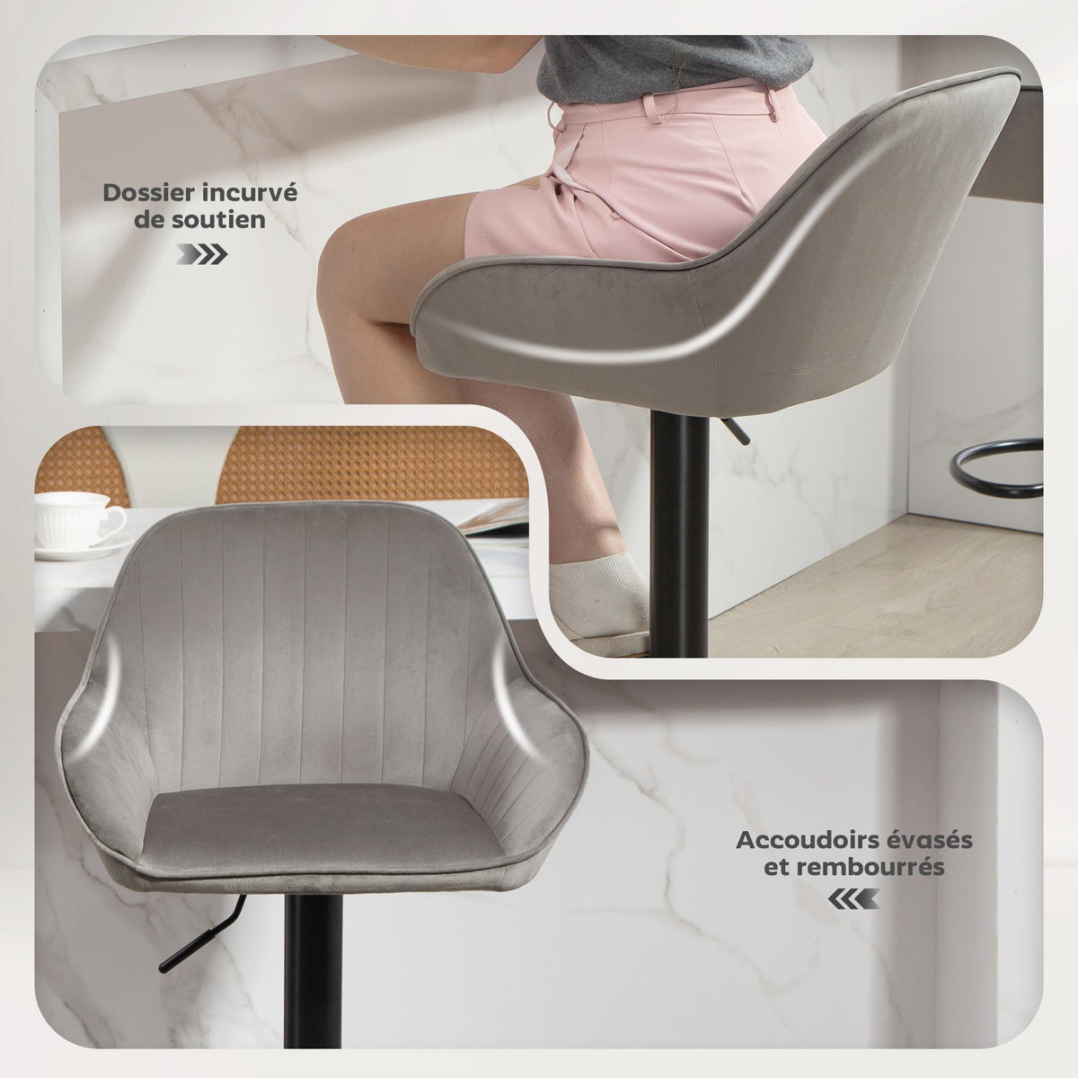 BARHOCKER 2er-Set DE-14770 höhenverstellbar & schwenkbar mit Veloursbezug Grau - Grau, Metall (50/107/50.5cm) - ComfortXL