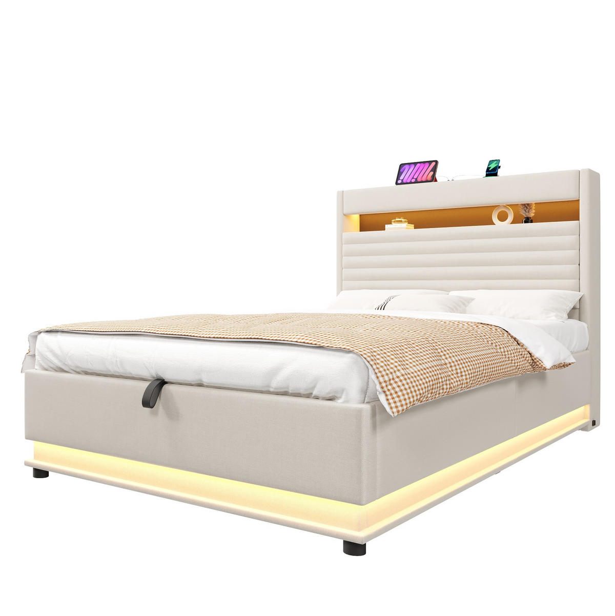 POLSTERBETT 140/200 cm mit LED-Beleuchtung, USB- und Typ-C-Anschluss, hydraulischem Stauraum und Leinenbezug, Beige - Beige, Textil (140/200cm) - Redom