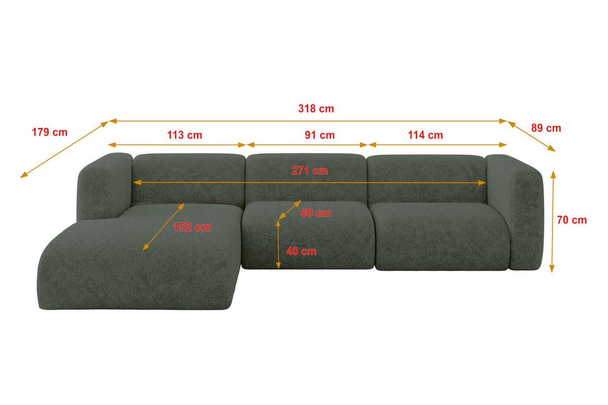 ECKSOFA Ottomane Links MIRA-L2 318x179x89 Grün Velours - Schwarz/Grün, Holzwerkstoff/Kunststoff (318/179cm) - ALTDECOR