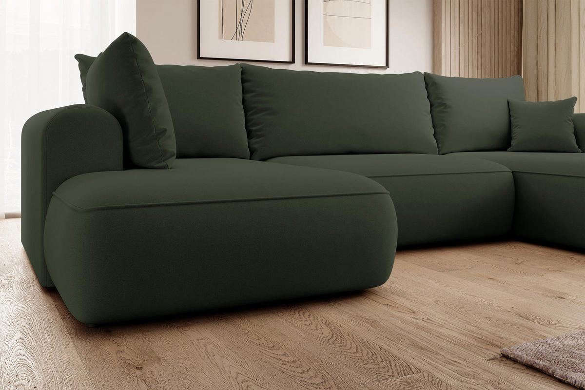 WOHNLANDSCHAFT Ovo Olivgrün Velours - Schwarz/Olivgrün, Textil (375/95/185cm) - Selsey