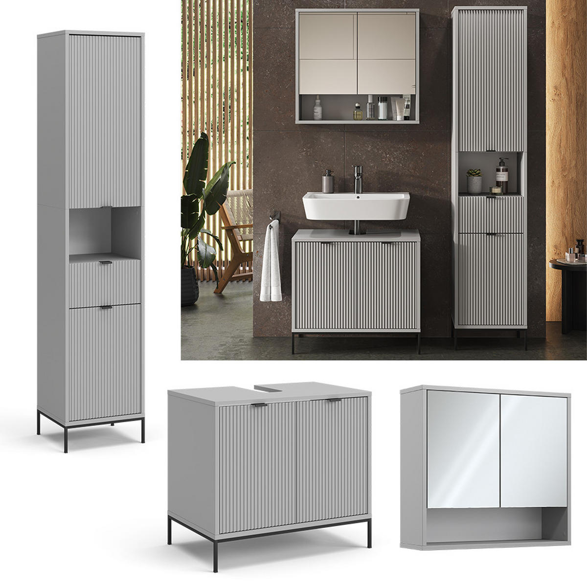 BADMÖBEL-SET Eliza Grau 3 Teile, mit Hochschrank - Grau, Holzwerkstoff (70/63/45cm) - Vicco