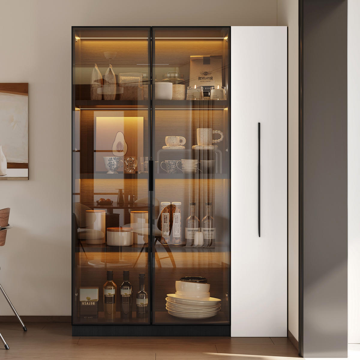 VITRINE 110,5/35/160 cm schwarz/weiß aus MDF und Glas mit LED und Seitenauszug - Schwarz, Holzwerkstoff (110.5/160/35cm) - OKWISH