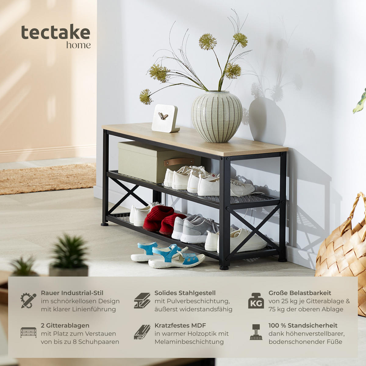 SCHUHREGAL Blackpool,101 x 30,5 x 45,5 cm,Industrial Holz hell, Eiche Sonoma - Naturfarben, Holz (30.5/45.5/101cm) - tectake