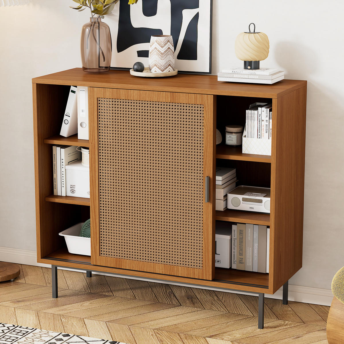SIDEBOARD 100/37/90 cm mit 2 Schiebetüren in Walnuss & Rattan-Optik - Walnussfarben, Holzwerkstoff (100/90/37cm) - BEAOK
