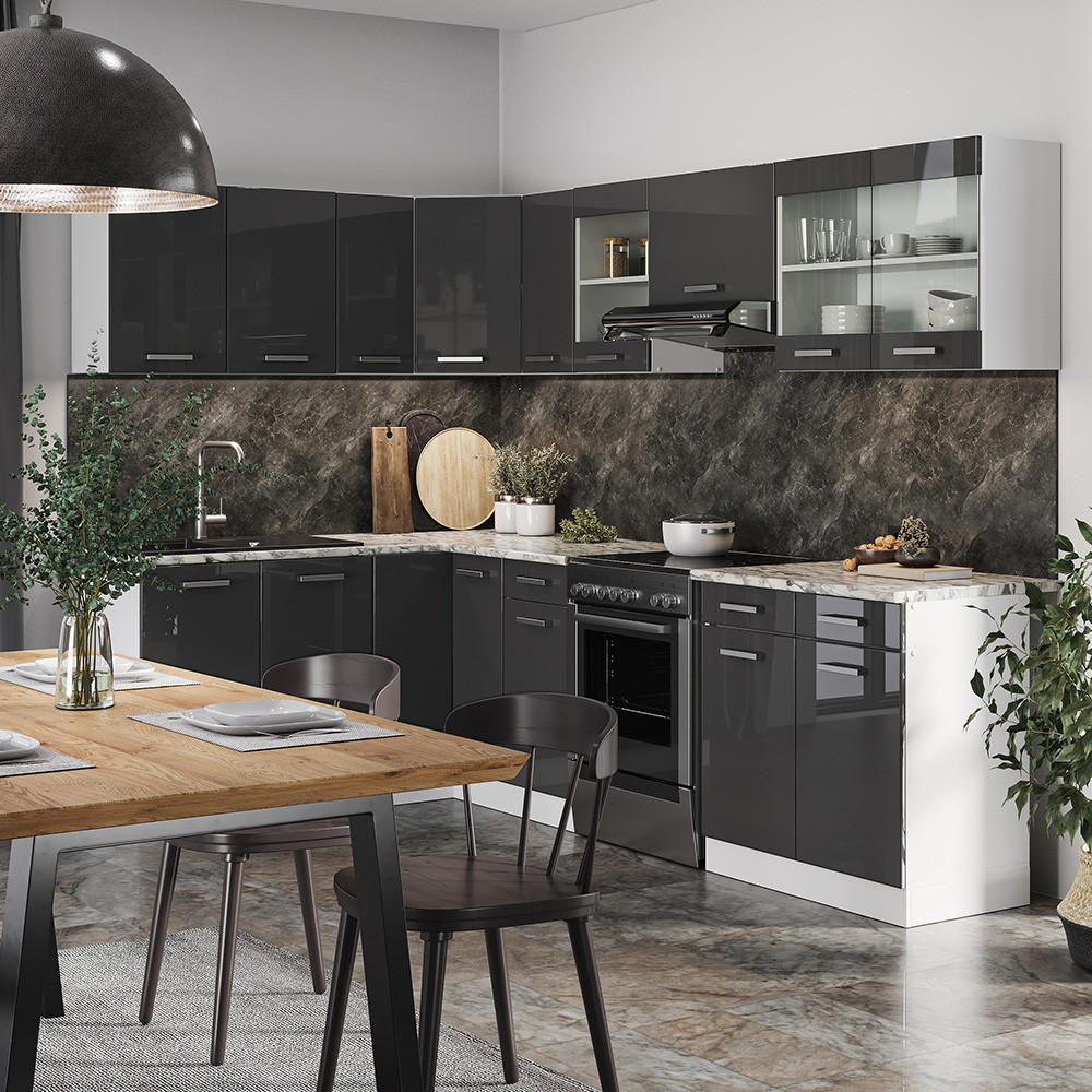 ECKKÜCHE Rick Weiß/Anthrazit Hochglanz 267 x 167 cm , AP Marmor - Anthrazit/Weiß, Holzwerkstoff (270/81.6/60cm) - Vicco