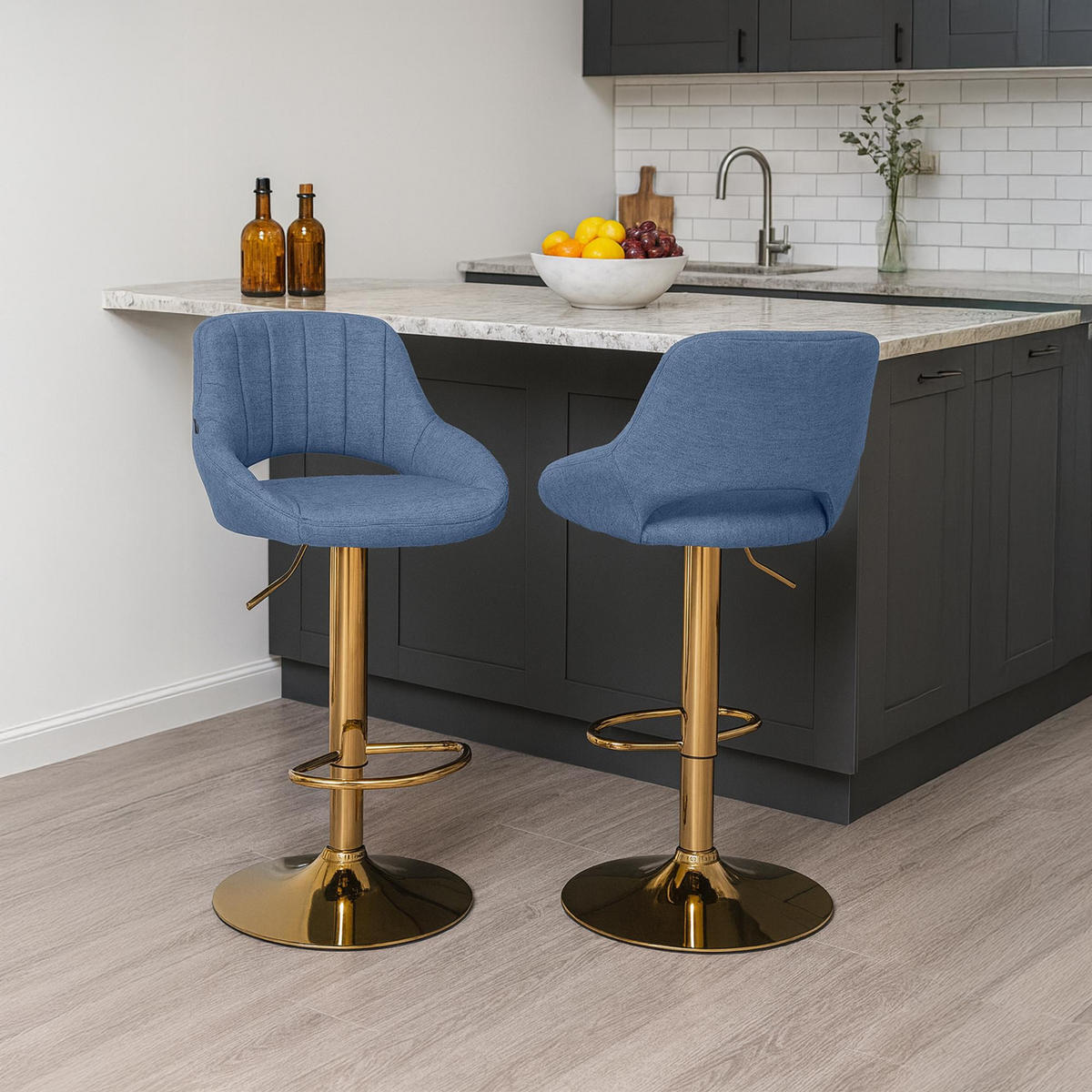 BARHOCKER Stoff Blau - Blau/Goldfarben, Textil/Metall (47/85/48cm) - CLP