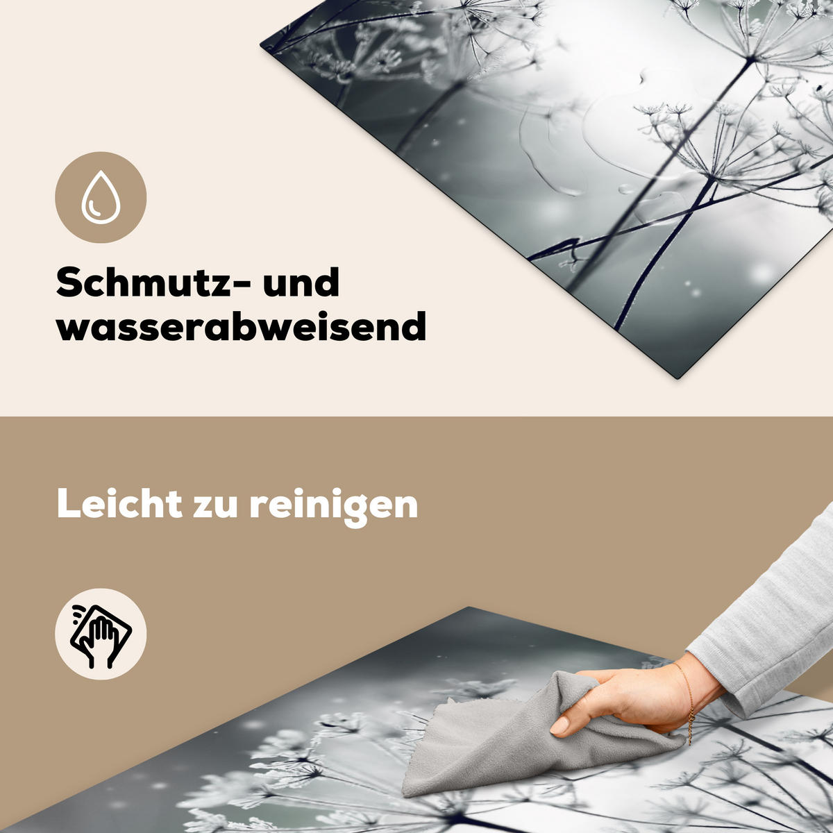 HERDABDECKPLATTE Blumen - Winter - Schnee - Natur Induktionsmatte 77x59 cm - Grau, Kunststoff (77/59/0.2cm) - MuchoWow
