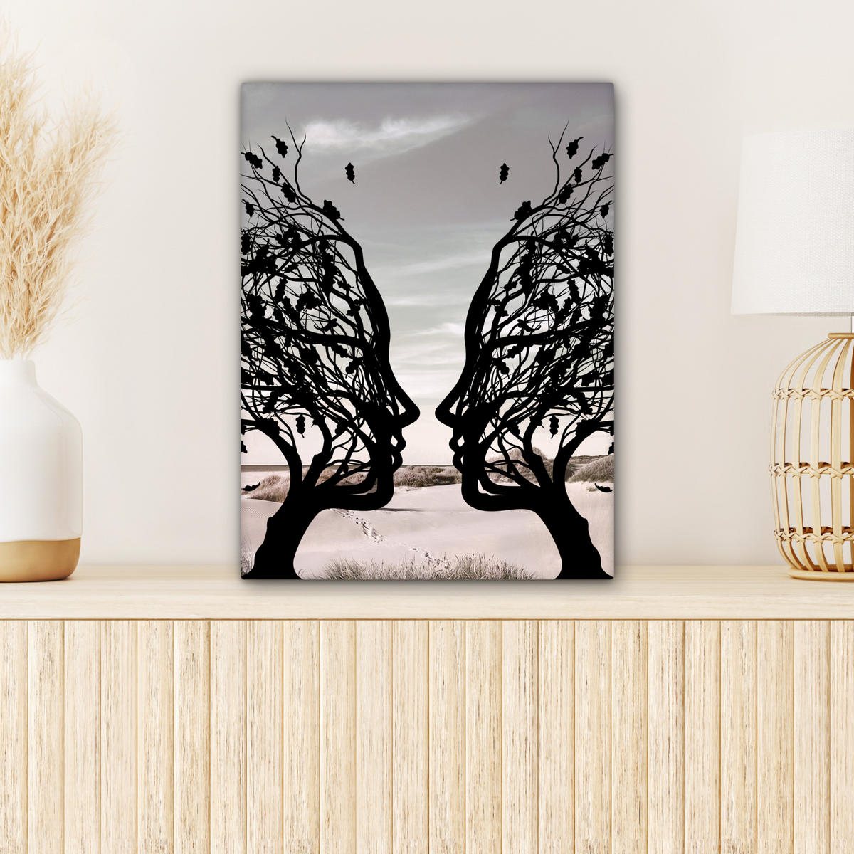 LEINWANDBILD Strand - Meer - Menschen - Baum - Moderne Kunst 30x40 cm - Hellgrau, Textil (30/40cm) - MuchoWow