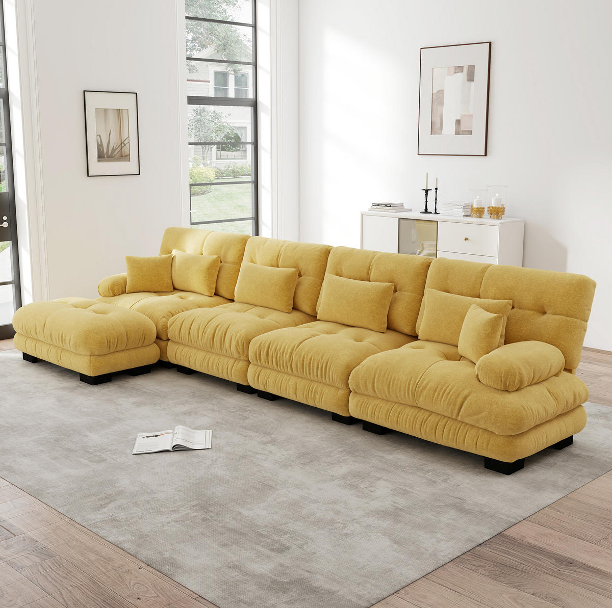 ECKSOFA aus Chenille in Gelb mit beweglichem Ottoman - Gelb, Textil (145/81/406cm) - Modfu