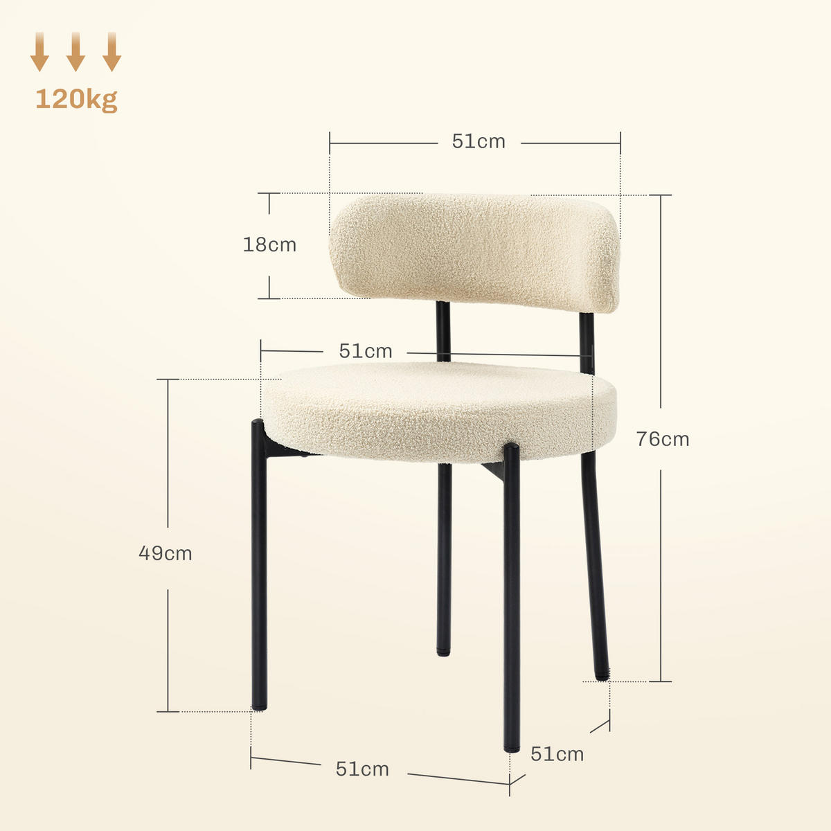 ESSZIMMERSTÜHLE 2er-Set DE-13233 Bouclé-Stoff & Stahlbeine Beige - Beige, Metall (51/76/51cm) - ComfortXL