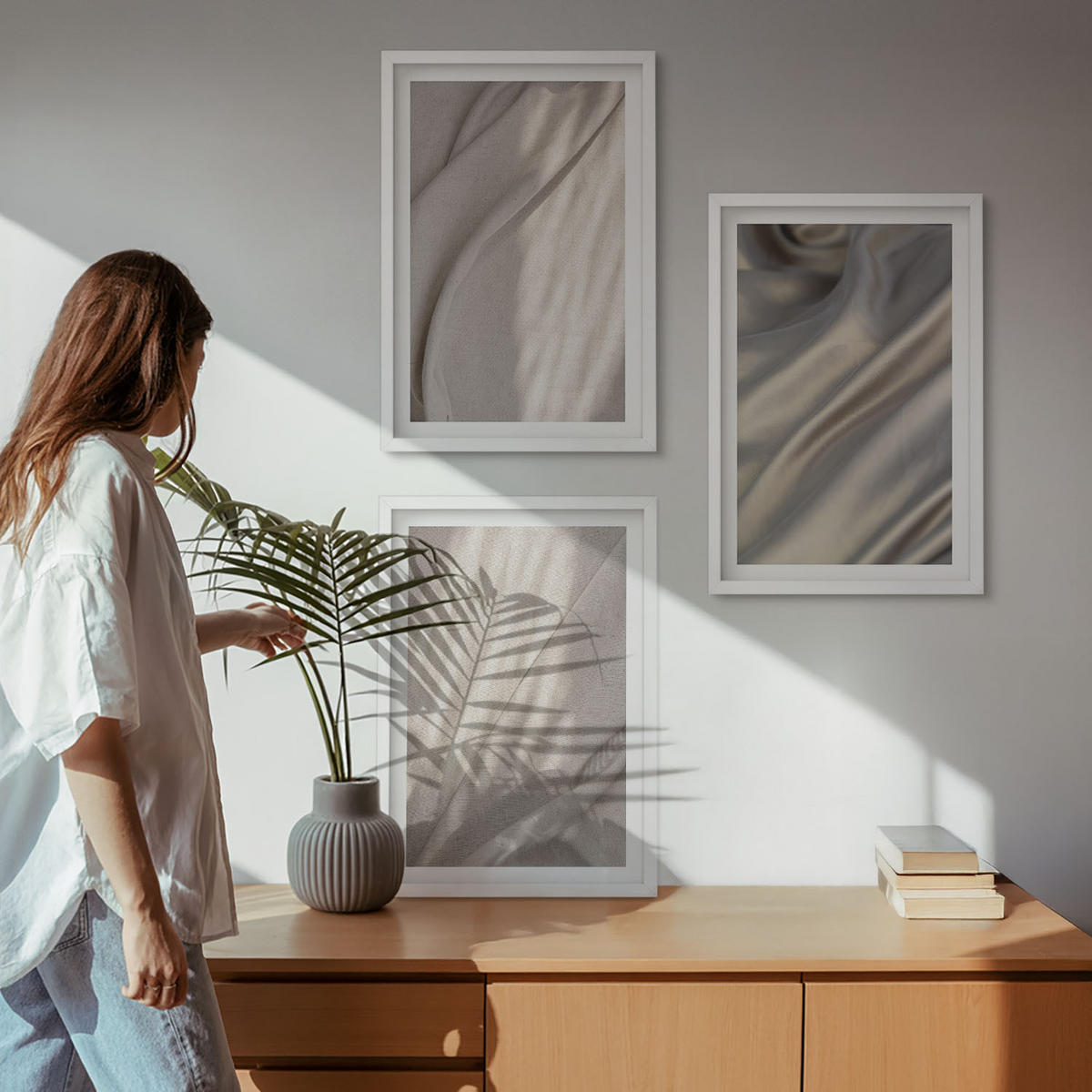 WANDBILDER 3er-Set - 40x60 cm Weißer Rahmen - Nahaufnahme von natürlichen Boho-Stoffen - Weiß, Kunststoff (40/60cm) - ArtPrintCave
