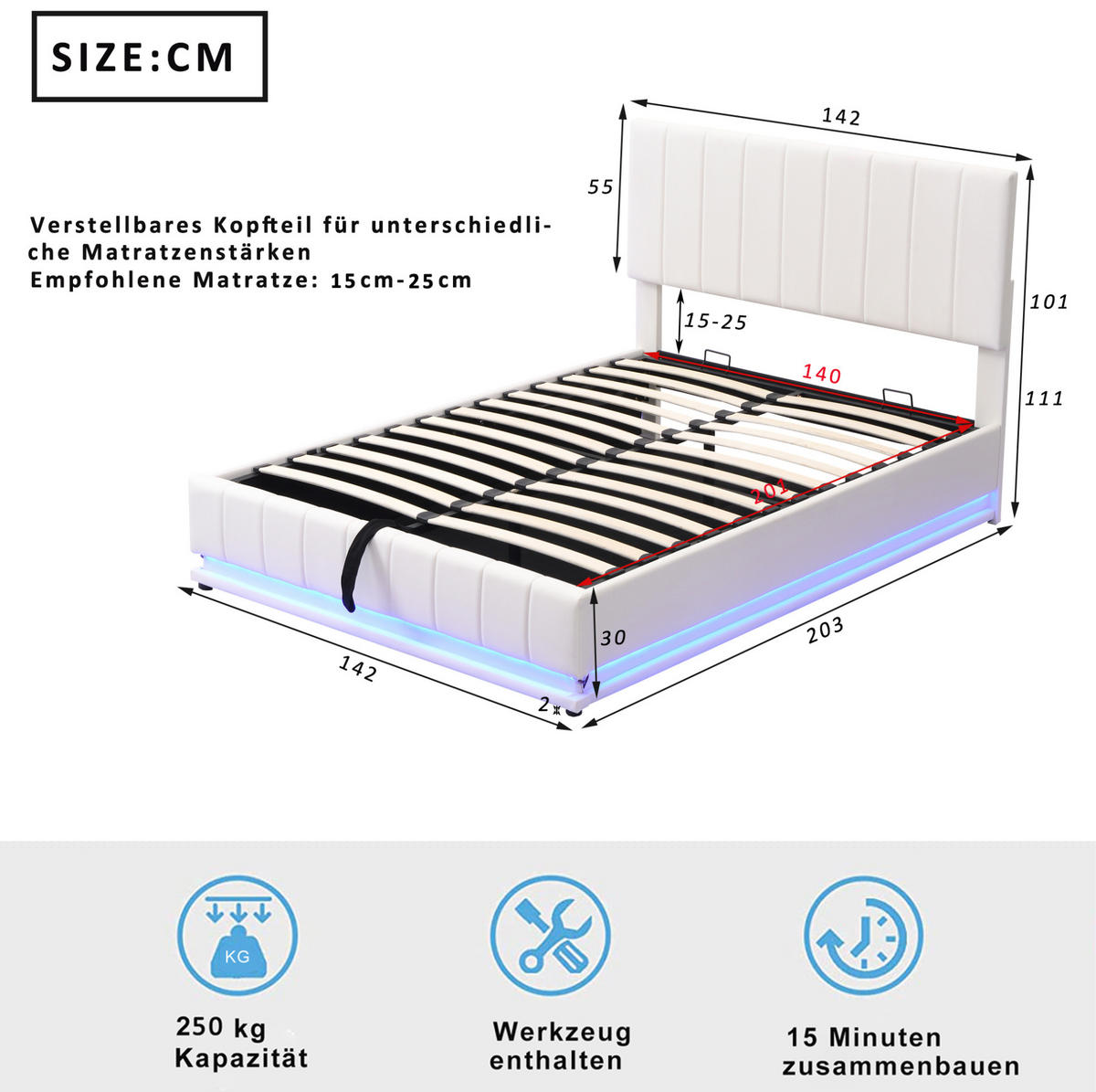 POLSTERBETT 140/200 cm mit LED-Streifen und Stauraum, Weiß, Doppelbett - Weiß, Textil (140/200cm) - OKWISH