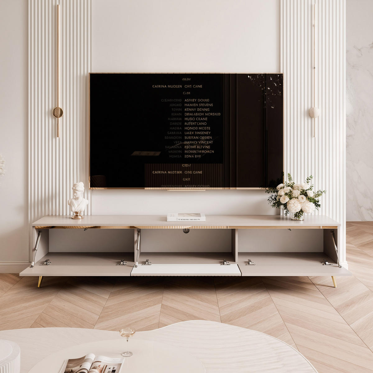 GERIFFELTER TV-Schrank SELIA 200 cm auf Füßen, Kaschmir mit goldener Zierleiste - Kaschmir, Holzwerkstoff (200/42/35cm) - Idohome