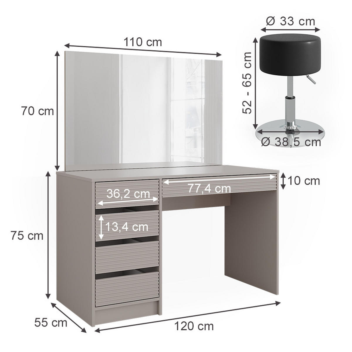 SCHMINKTISCH Sherry Cashmere 120 cm mit LED-Spiegel und Hocker - Kaschmir, Holzwerkstoff (120/75/55cm) - Vicco