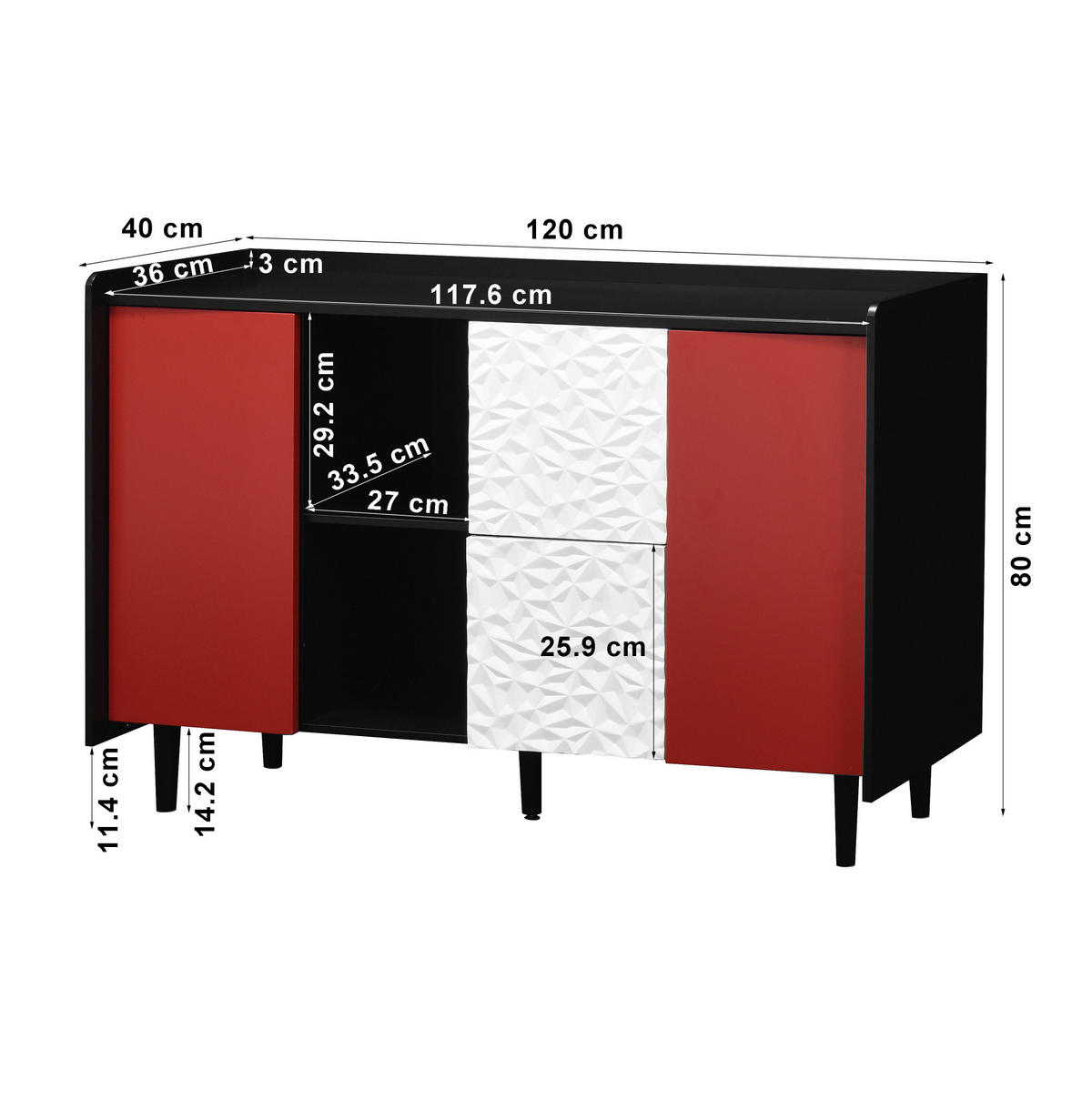 KOMODA 120/40/80 cm, MDF, černá/červená, s úložným prostorem a 2 zásuvkami - černá, kompozitní dřevo (120/80/40cm) - BEAOK