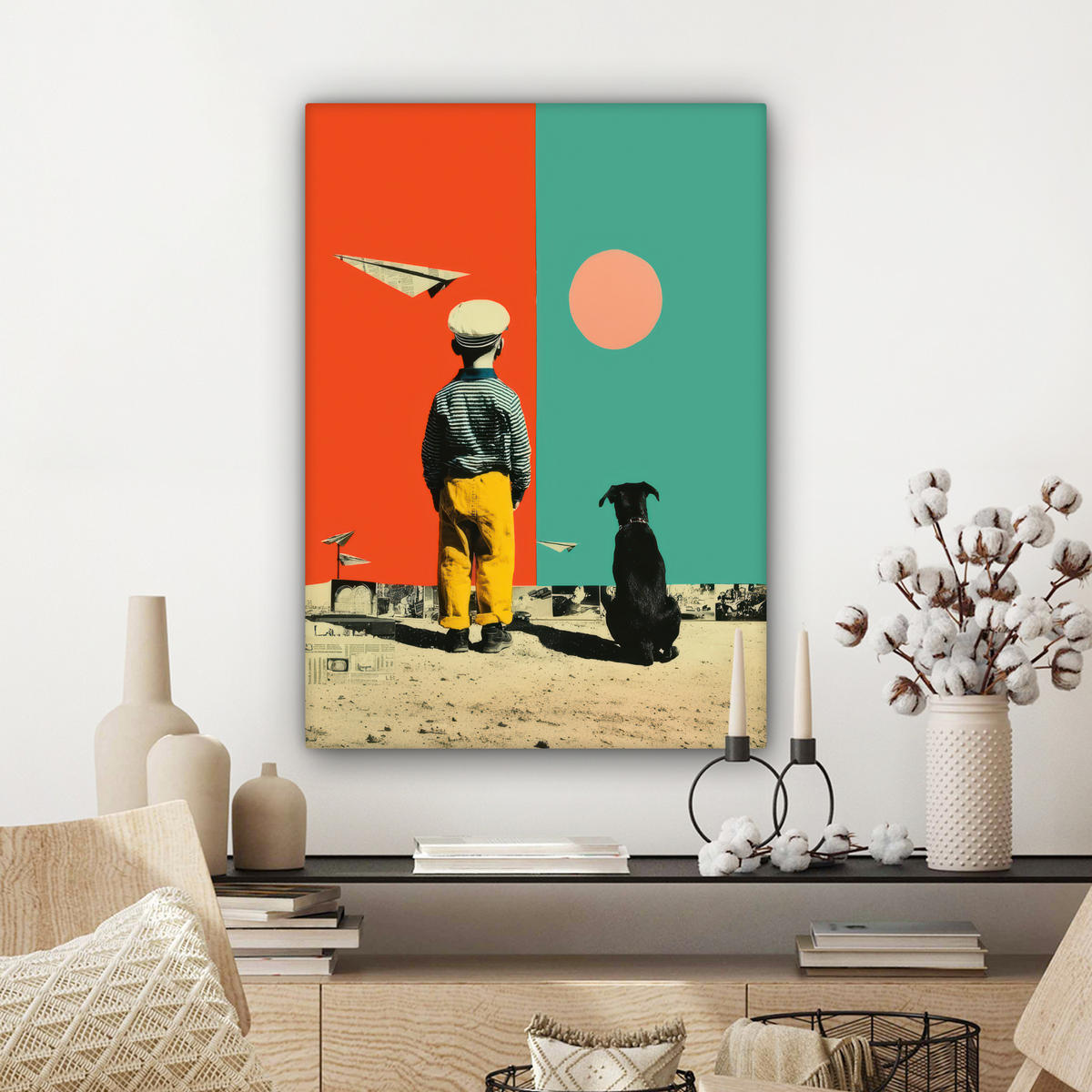 LEINWANDBILD Retro - Junge - Hund - Rot - Grün Wandbild Wohnzimmer 60x80 cm - Orange, Textil (60/80cm) - MuchoWow