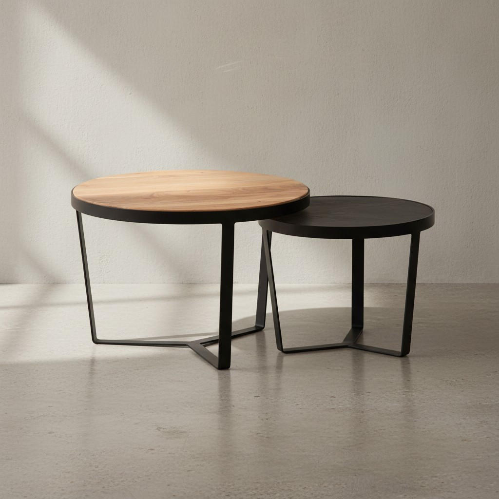 COUCHTISCH Set rund – Akazie Massivholz, Steinoptik, Metallgestell, Braun-Anthrazit - Schwarz, Holz/Metall (60/60/40cm) - KADIMA DESIGN