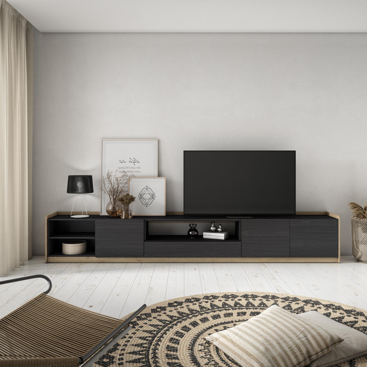 TV-SCHRANK, Lowboard, Schwarz Eiche, 310/37/50cm - Schwarz, Holzwerkstoff (310/50/37cm) - Skraut Home