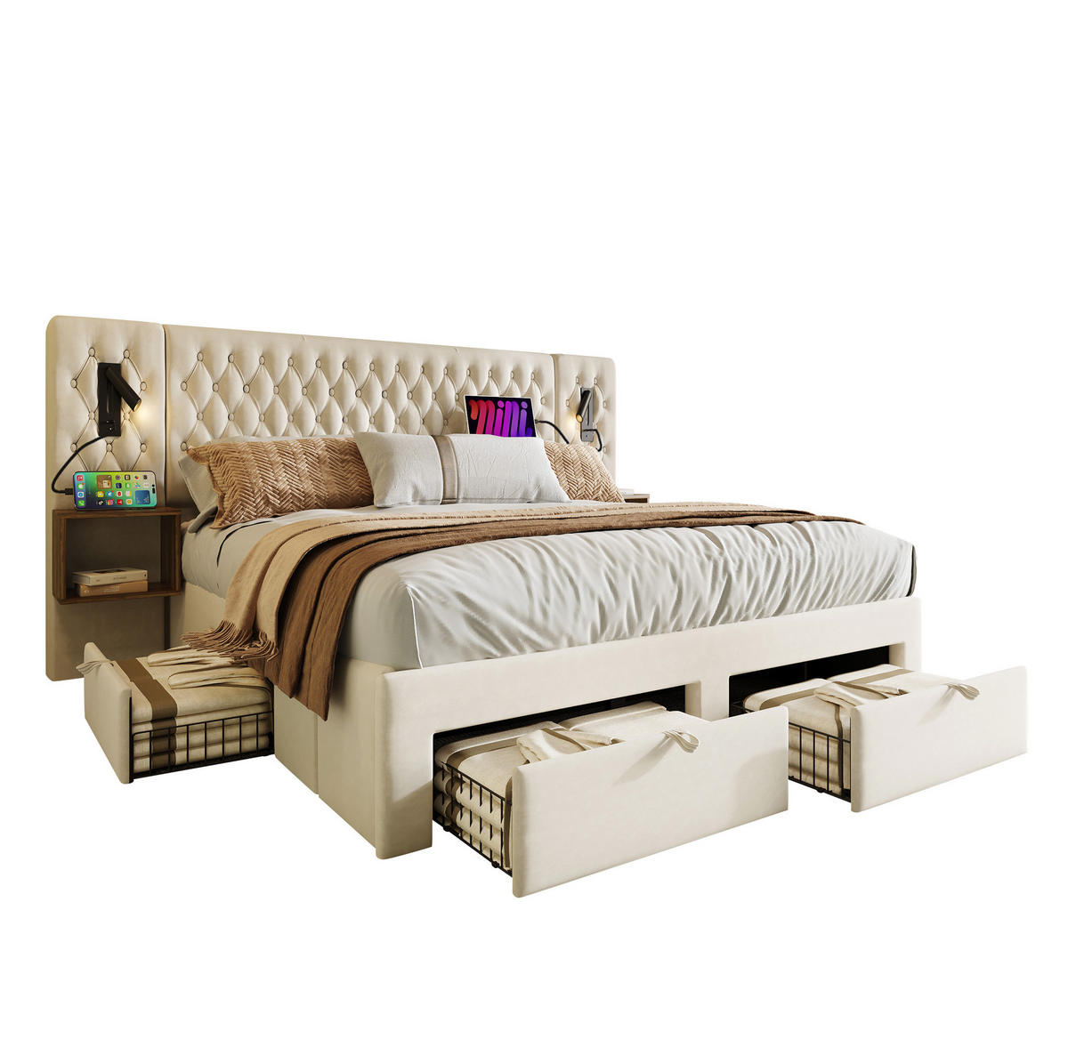 POLSTERBETT 180/200 cm Beige mit Nachttischen und USB-Ladeanschluss Ohne Matratze - Beige, Textil (180/200cm) - OKWISH