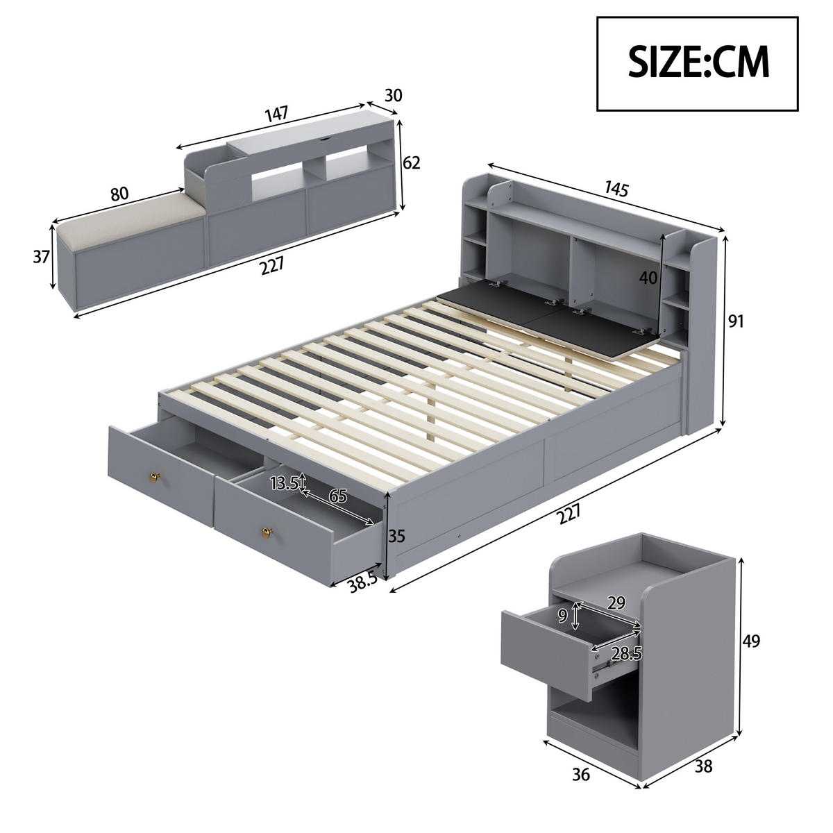 KOMBIBETT Massivholz 140/200 cm grau mit gepolstertem Kopfteil und Stauraum - Grau, Holz (140/200cm) - OKWISH