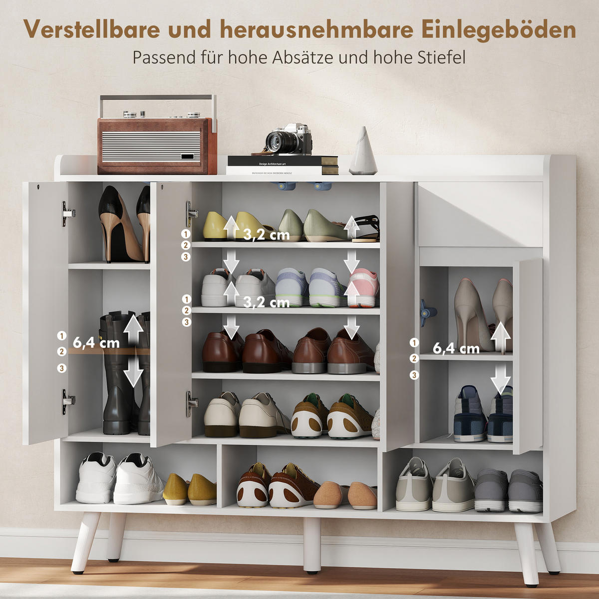 SCHUHSCHRANK mit 4 Tür, Druck zum Öffnen-Design Verstellbaren Ablagen, Schublade - Weiß, Holz/Holzwerkstoff (35/100/120cm) - HOMCOM