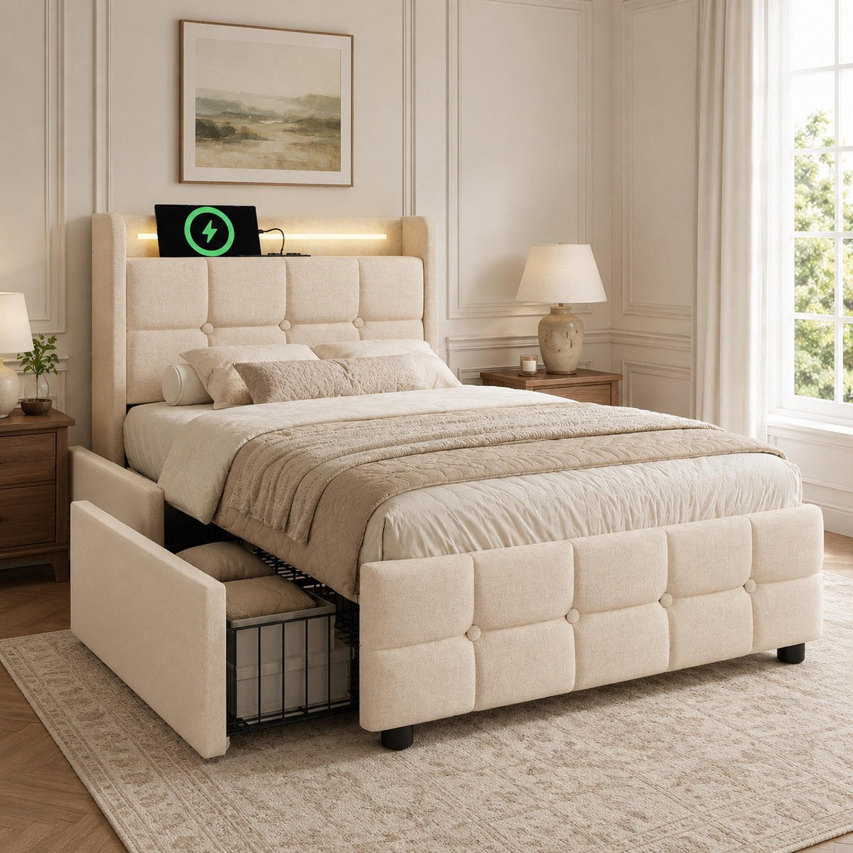 POLSTERBETT 90/200 cm in Beige mit 2 Schubladen, LED, USB und Steckdosen - Beige, Holzwerkstoff/Textil (90/200cm) - CHICFURN