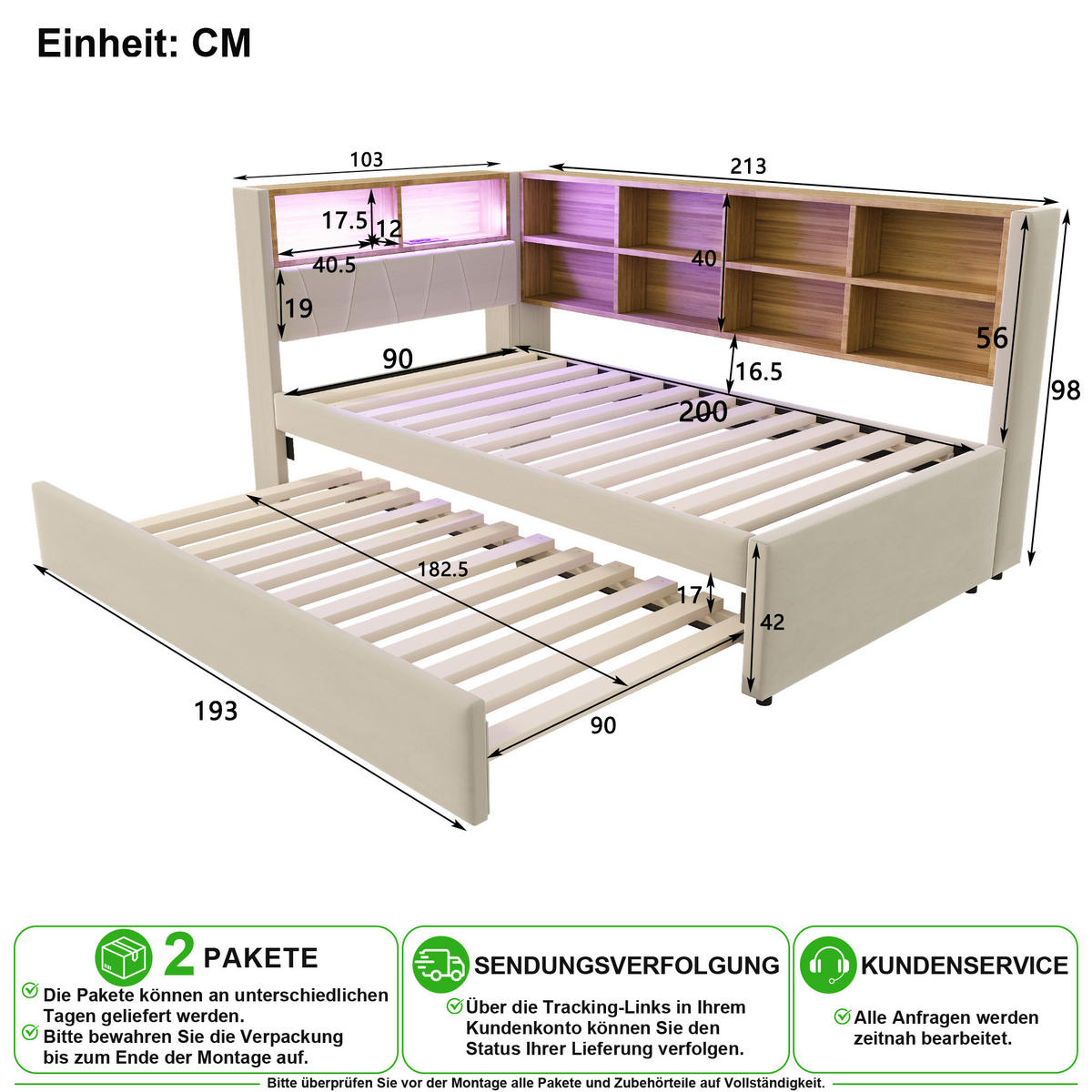 SCHLAFSOFA 90/200 cm & 90/190 cm in Beige mit LED, USB, Type-C und Ablagen - Beige, Holzwerkstoff/Textil (90/200cm) - CHICFURN