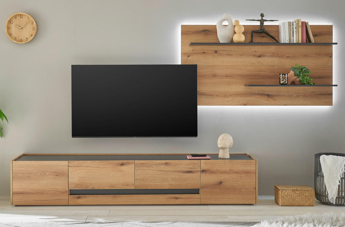 WOHNWAND Evoke Eiche, grau, Wohnkombination Set 2-teilig 300 cm - Eichefarben/Schwarz, Holz/Holzwerkstoff (300/180/45cm) - Furn.Design