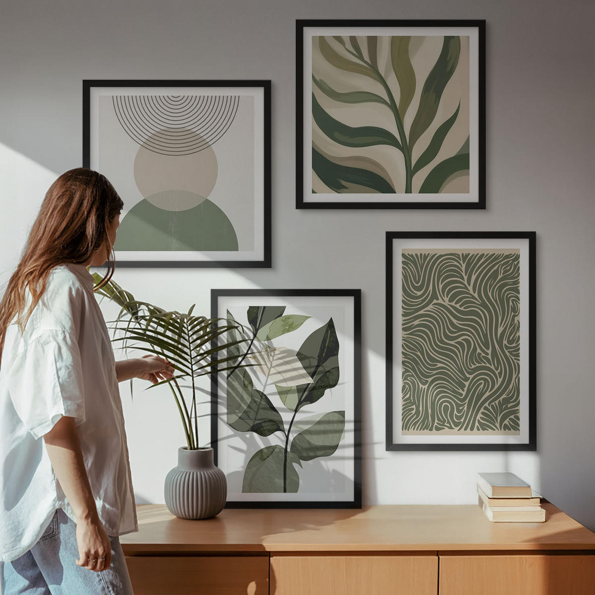 BILDER SET 4er Set - 50x50 cm & 40x60 cm Schwarzer Rahmen - Blätter geometrische Formen abstrakt - Schwarz, Kunststoff (50/50cm) - TULUP