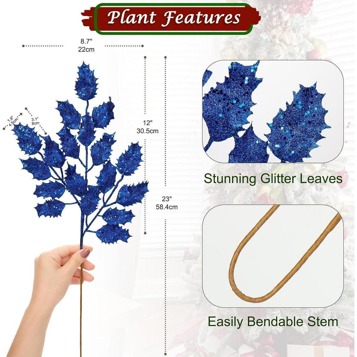 KUNSTZWEIG 6-teiliges Set Glitzernde Eichenblätter Blau 58 cm - Blau, Kunststoff (16cm)