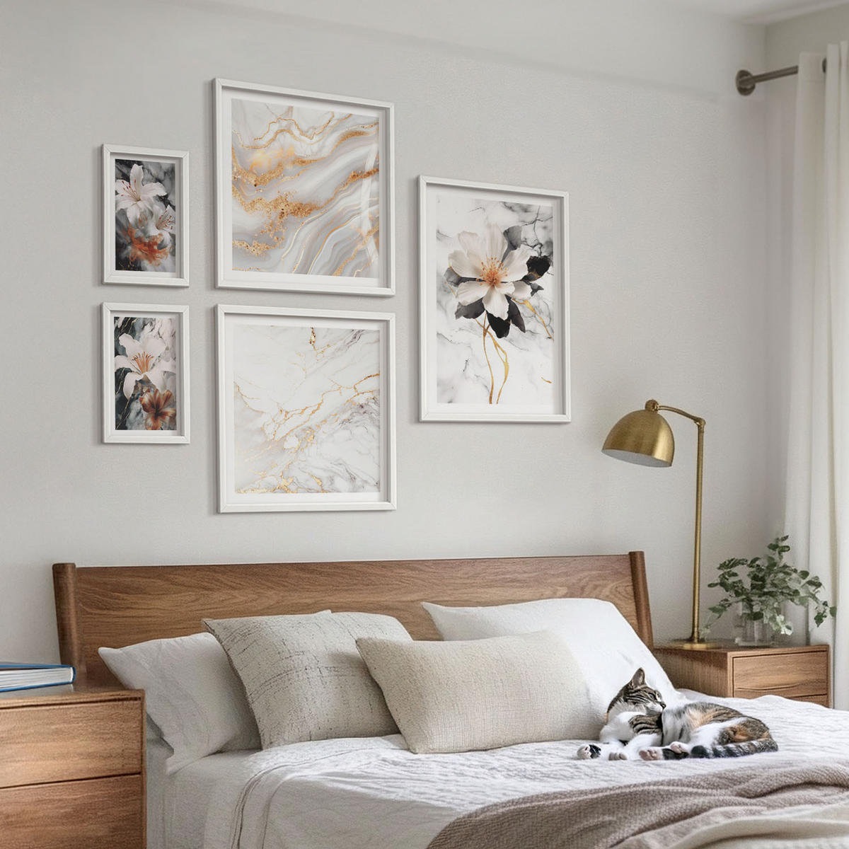 WANDBILDER 5er-Set - 50x50 cm & 20x30 cm & 40x60 cm Weißer Rahmen - Bilder mit blau-goldenen Mustern - Weiß, Kunststoff (40/60cm) - ArtPrintCave