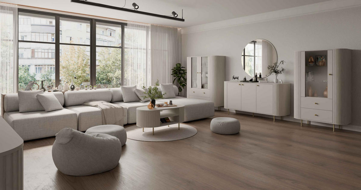 VITRINE BOLLA 155 / 97,4 cm in Beige - Beige, Holzwerkstoff (97.4/155/42.3cm) - MASSENO