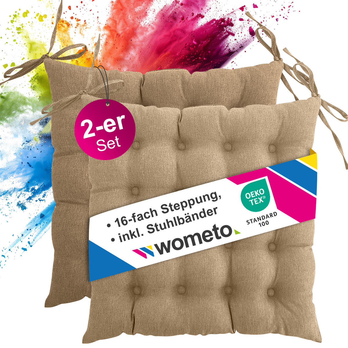 SITZKISSEN 2er Set 16-Punkt beige 40/40 cm mit Steppung und Halte-Bändern - Beige, Textil (40/40/4cm) - wometo