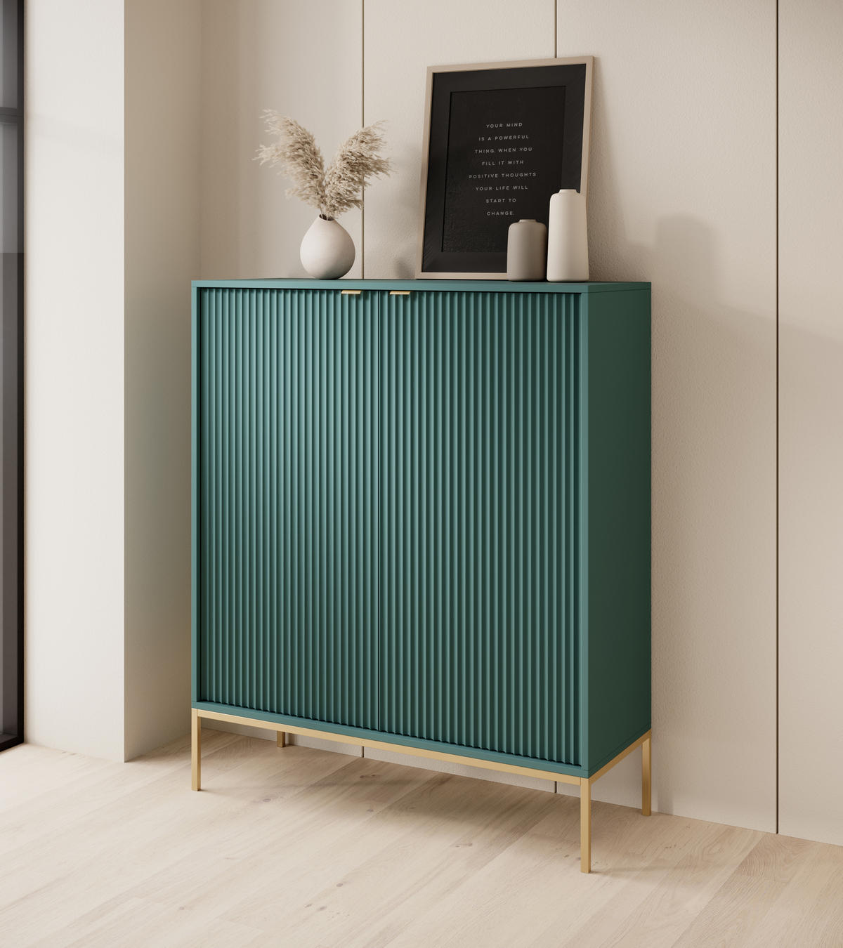 HOCHKOMMODE NOVA Geriffelt, 2-Türen, KOMMODE Schwarz, Goldfüße 104x39x cm Labrador - Türkis/Goldfarben, Holzwerkstoff/Kunststoff (104/125/39cm) - DomoHome