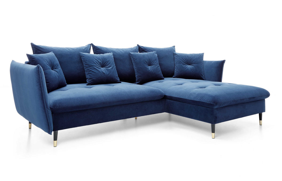 ECKSOFA GLAM mit Schlaffunktion, Ottomane & goldenen Füßen – Samtsofa im Glamour-Stil mit Zierkissen, 258x167x91 cm, rechte, blau​ - Blau, Holz/Textil (258/167cm) - DomoHome