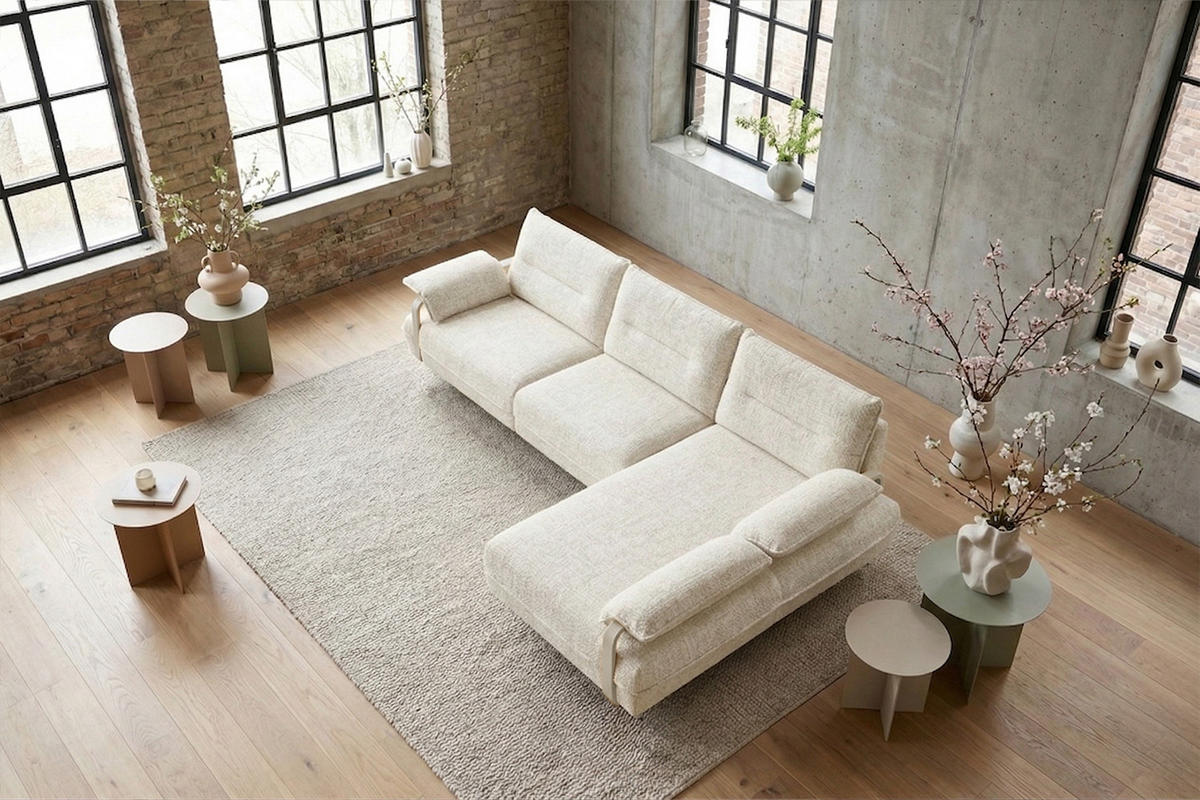 ECKSOFA ANISSA Cremeweiß Flachgewebe - Creme/Schwarz, Kunststoff/Textil (185/297cm) - KAWOLA